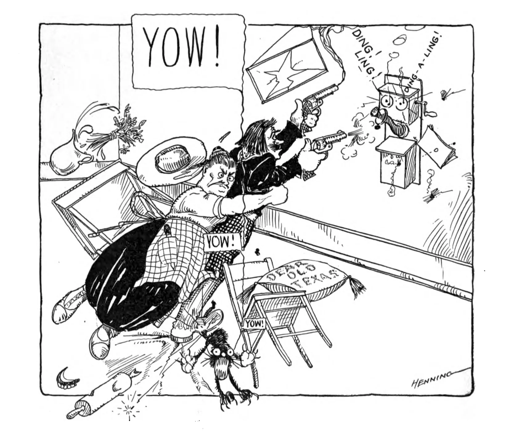 Comic of Texan shooting old telephone published in 1913